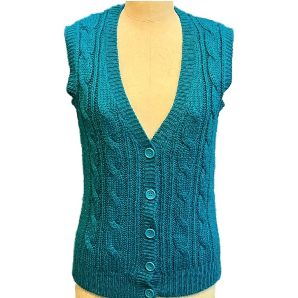 VINTAGE cableknit knit sweater cardigan vest button front teal 70s 80s preppy‎